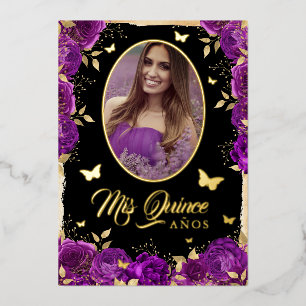 Photo Quinceanera Purple Gold Rose Butterfly Foil Invitation
