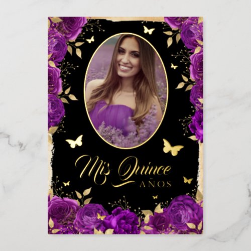 Photo Quinceanera Purple Gold Rose Butterfly  Foil Invitation