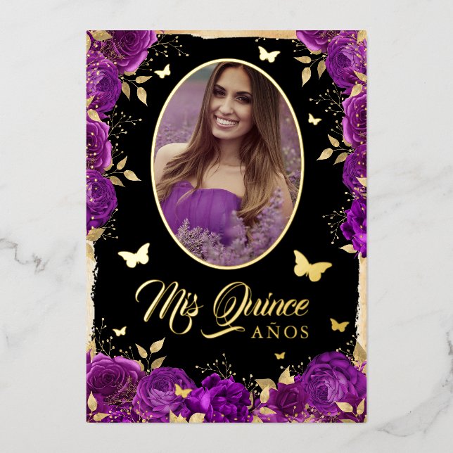 Photo Quinceanera Purple Gold Rose Butterfly  Foil Invitation (Front)