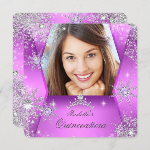 Photo Quinceanera Purple Pink Winter Wonderland Invitation