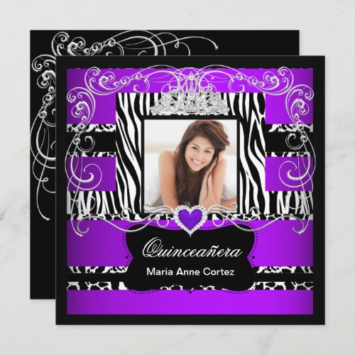 Photo Quinceanera Purple White Black Zebra Cow Invitation