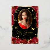 Photo Quinceanera Red Gold Rose Butterfly  Foil Invitation (Standing Front)