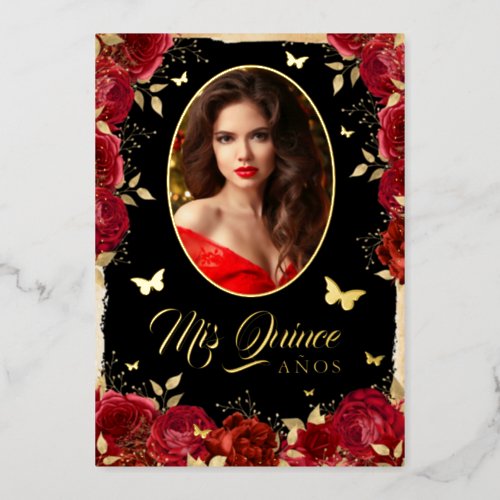 Photo Quinceanera Red Gold Rose Butterfly  Foil Invitation