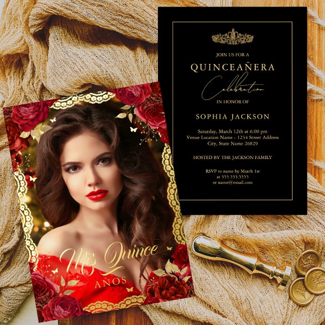 Photo Quinceanera Red Rose Gold Lace Birthday  Foil Invitation (Creator Uploaded)