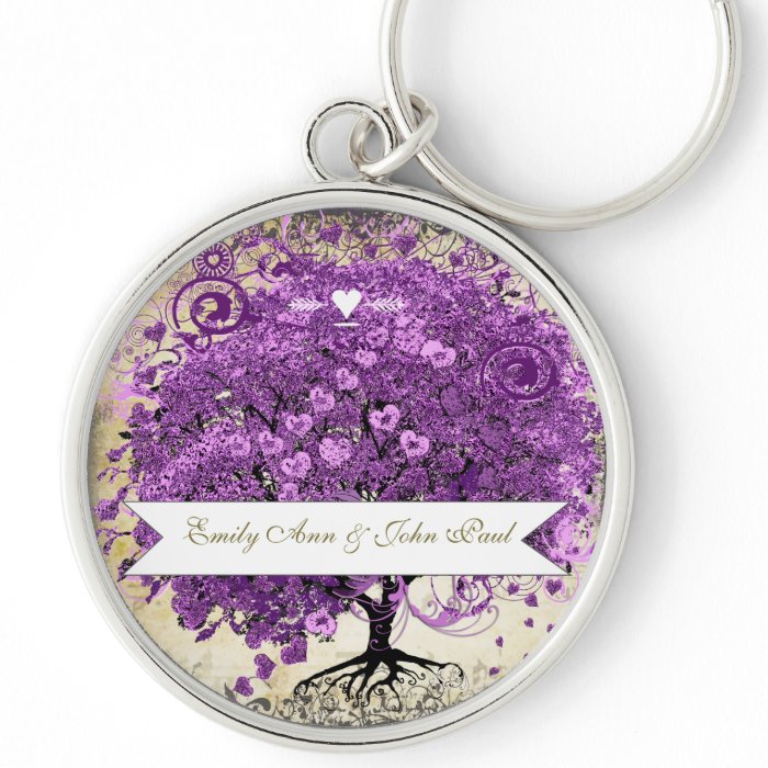 Radiant Purple Heart Leaf Tree Wedding Keychain