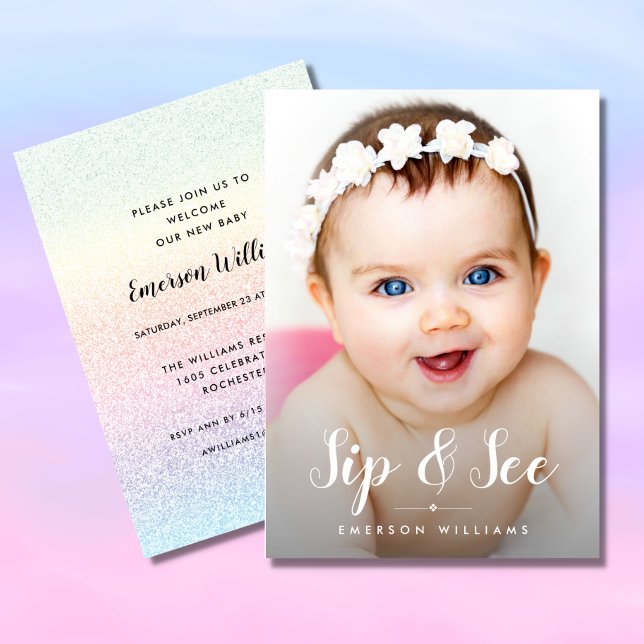 Photo Rainbow Glitter Sip and See Baby Shower Invitation