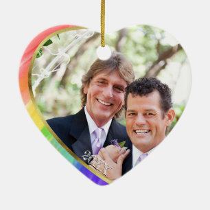Photo + Rainbow LGBT Mr. & Mr. Watercolor Ceramic Ornament