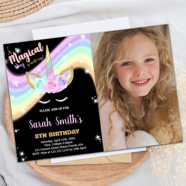 Photo Rainbow Pink Unicorn Birthday Invitations (Photo Rainbow Pink Unicorn Birthday Invitations)