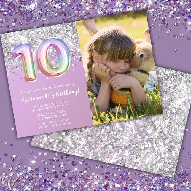 Photo Rainbow Sparkle 10th Birthday Invitation (Creator Uploaded)