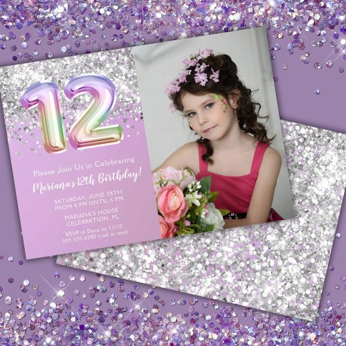 Photo Rainbow Sparkle 12th Birthday Invitation