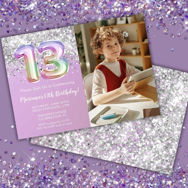 Photo Rainbow Sparkle 13th Birthday Invitation (Creator Uploaded)