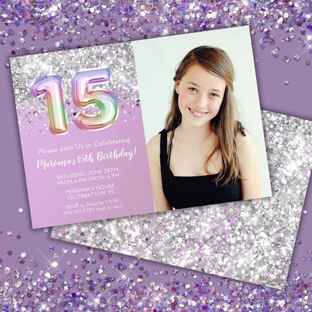 Photo Rainbow Sparkle 15th Birthday Invitation (Creator Uploaded)