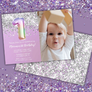 Photo Rainbow Sparkle 1st Birthday Invitation
