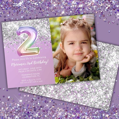 Photo Rainbow Sparkle 2nd Birthday Invitation