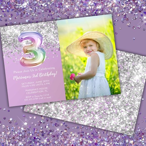 Photo Rainbow Sparkle 3rd Birthday Invitation