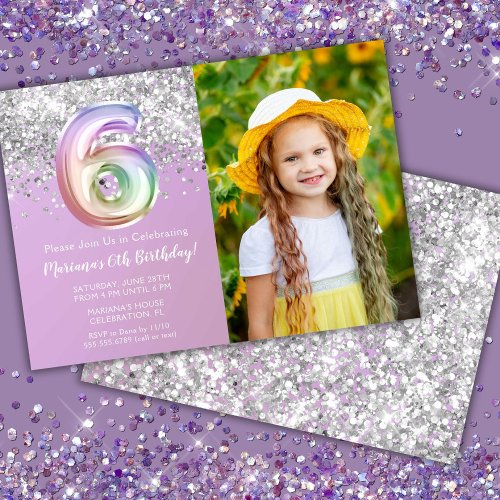 Photo Rainbow Sparkle 6th Birthday Invitation
