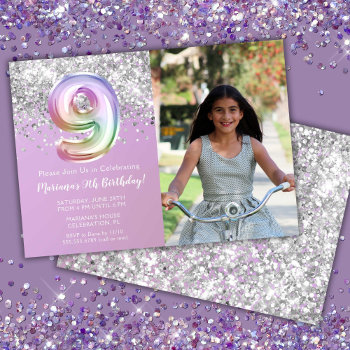 Photo Rainbow Sparkle 9th Birthday Invitation by WittyPrintables at Zazzle