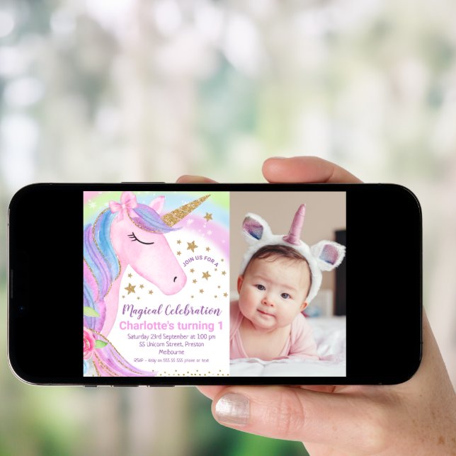 Photo Rainbow Stars Unicorn Birthday Invitation (Front Digital)