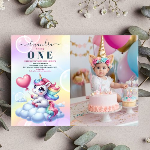 Photo Rainbow Unicorn Gold Glitter 1st Birthday  Invitation