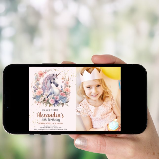 Photo Rainbow Unicorn Gold Glitter Girl Birthday Invitation (Front Digital)