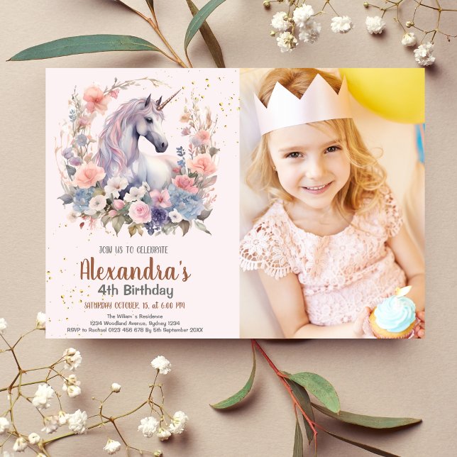 Photo Rainbow Unicorn Gold Glitter Girl Birthday Invitation (Creator Uploaded)