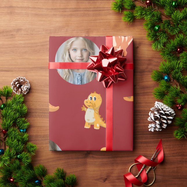 Photo-Ready Cute Dinos on Dark Red Wrapping Paper (Holiday Gift)