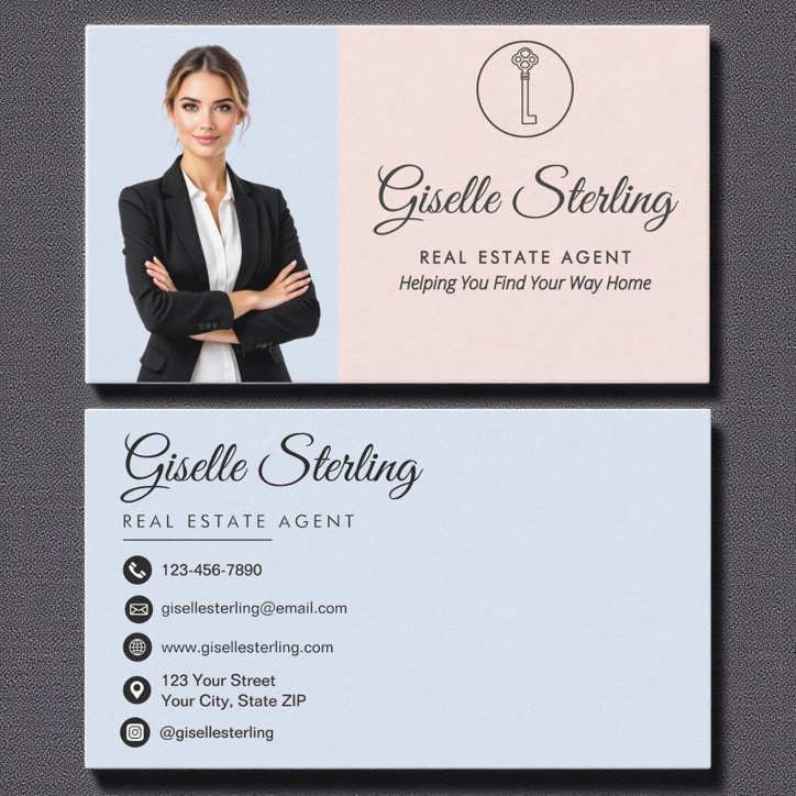 Photo Real Estate Agent French Blue Blush Business Card