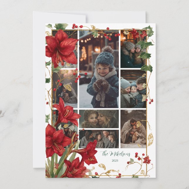 Photo Red Amaryllis Rustic Christmas Holiday Card (Front)