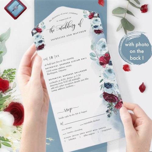 Photo Red and Blue Wedding with Perforated RSVP All In One Invitation