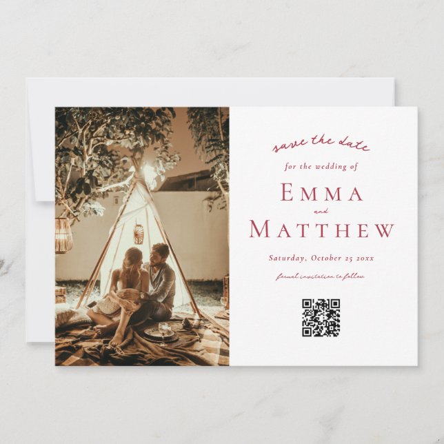 Photo Red Arabic Tile Pattern with QR Save The Date (Front)