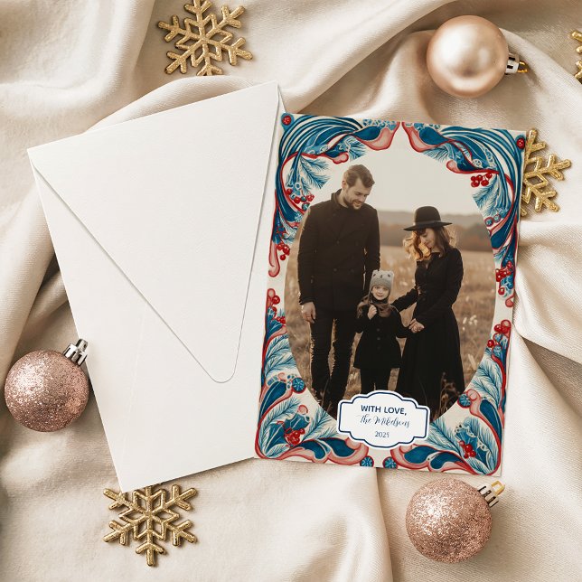 Photo Red Berry & Blue Pine Christmas Holiday Card (Creator Uploaded)