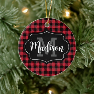 Photo Red Black Buffalo Plaid Monogram Ceramic Ornament