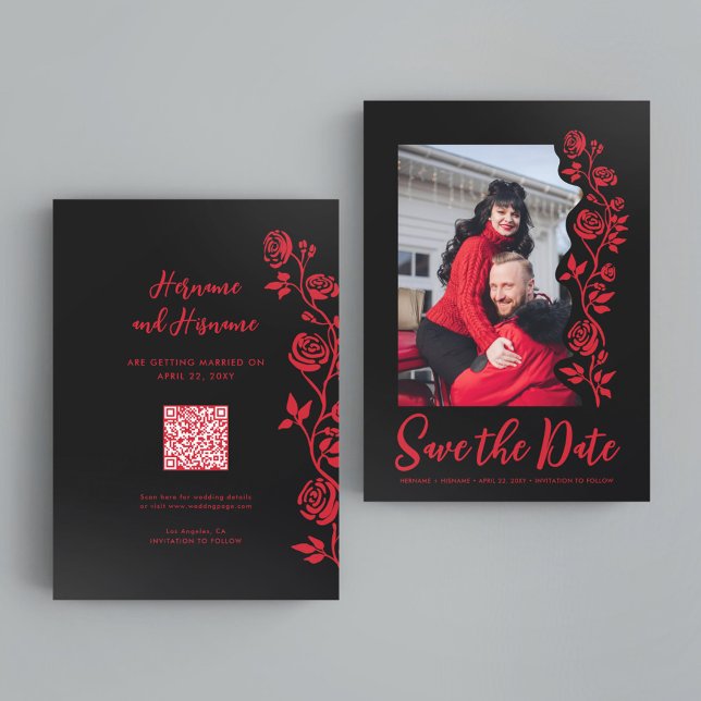 Photo Red Black Hand Drawn Roses QR Code Website Save The Date (Creator Uploaded)