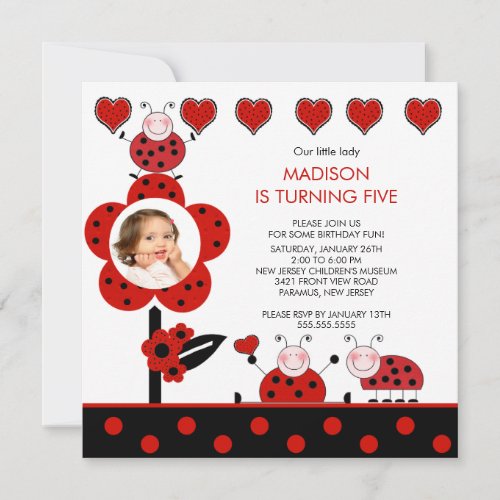 Photo Red &amp; Black Ladybug Birthday Invitation
