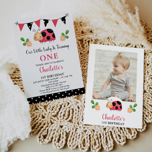 Photo Red Black Our Little Ladybug 1st Birthday Invitation