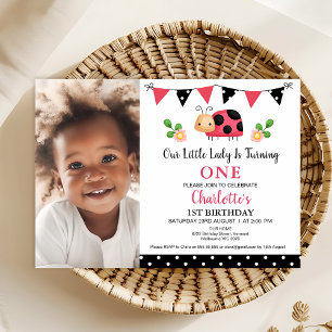 Photo Red Black Polka Dots Ladybug 1st Birthday Invitation