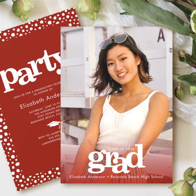 Photo red bold modern grad party simple elegant invitation (Creator Uploaded)