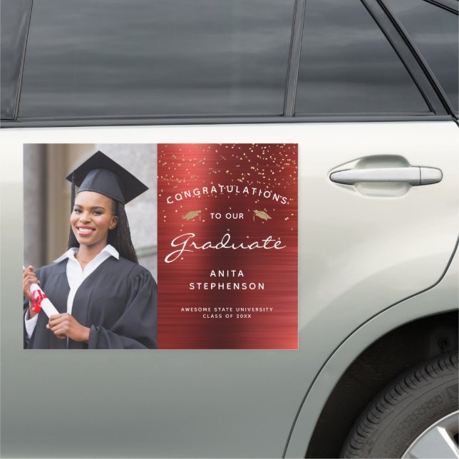 Photo Red Brushed Metal White Gold Graduation Car Magnet (In Situ)