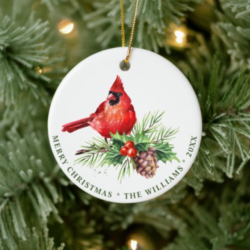 PHOTO Red Cardinal Holly Berry Christmas Holiday Ceramic Ornament