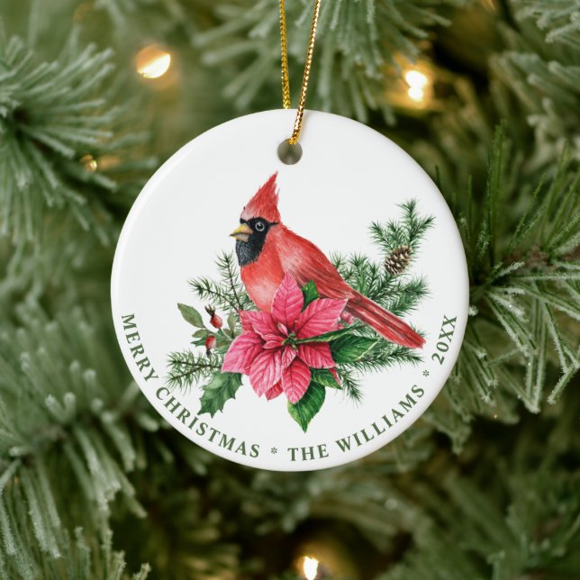 PHOTO Red Cardinal Poinsettia Christmas Holiday Ceramic Ornament (Tree)