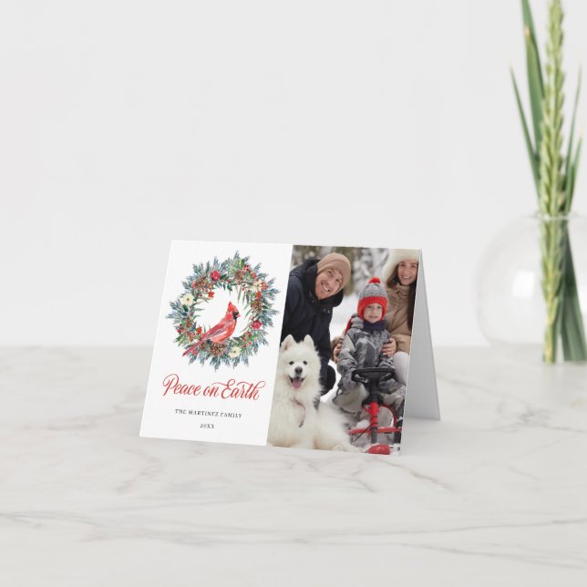 PHOTO Red Cardinal Wreath Christmas Holiday Card (Front)
