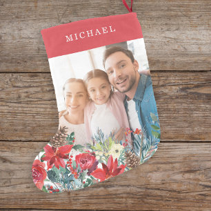 Photo red cute family rustic monogrammed small christmas stocking