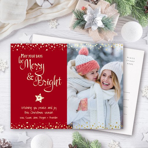 Photo Red Days Be Merry Bright Script Real Gold Foil Holiday Postcard