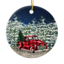 PHOTO Red Farm Truck Christmas Watercolor Ceramic Ornament