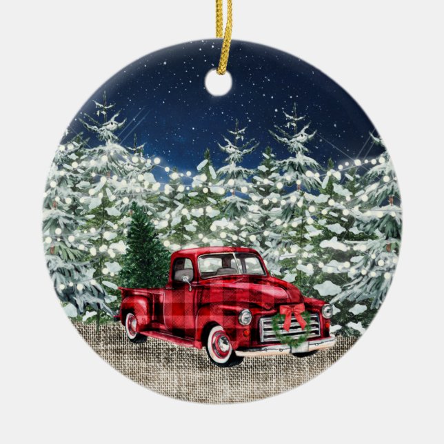 PHOTO Red Farm Truck Christmas Watercolor Ceramic Ornament (Front)
