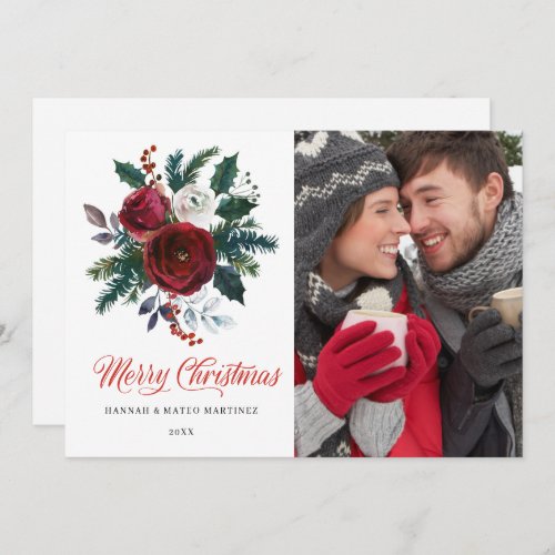 PHOTO Red Floral Christmas Holiday Flat Card