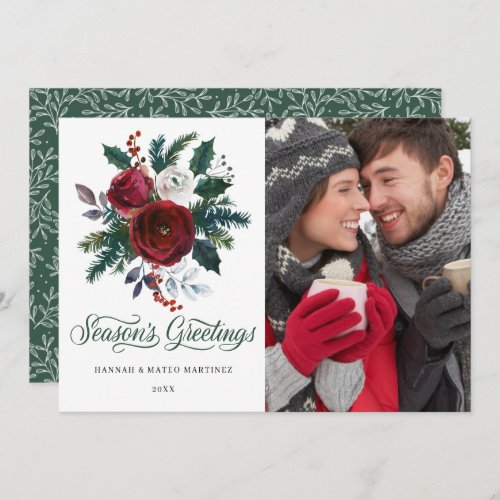 PHOTO Red Floral Christmas Holiday Flat Card