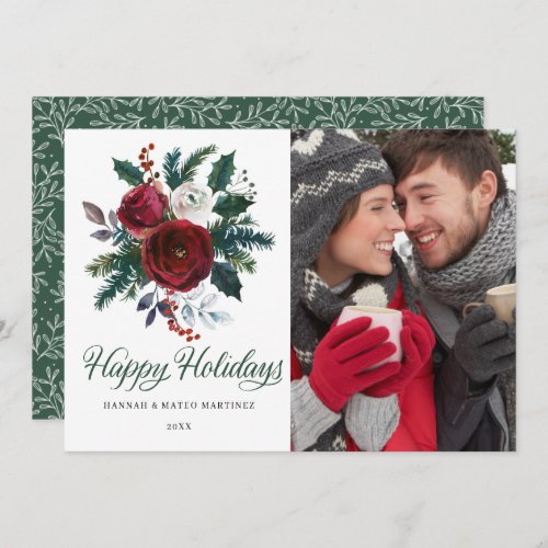 PHOTO Red Floral Christmas Holiday Flat Card