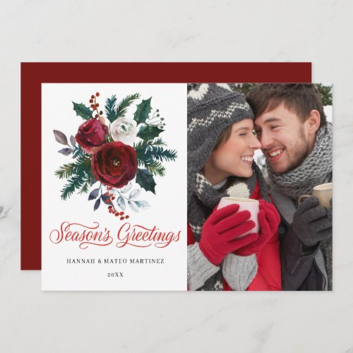 PHOTO Red Floral Christmas Holiday Flat Card