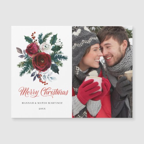 PHOTO Red Floral Christmas Holiday Magnetic Card